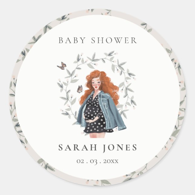 Cute Elegant Expectant Women Foliage Baby Shower Classic Round Sticker (Front)