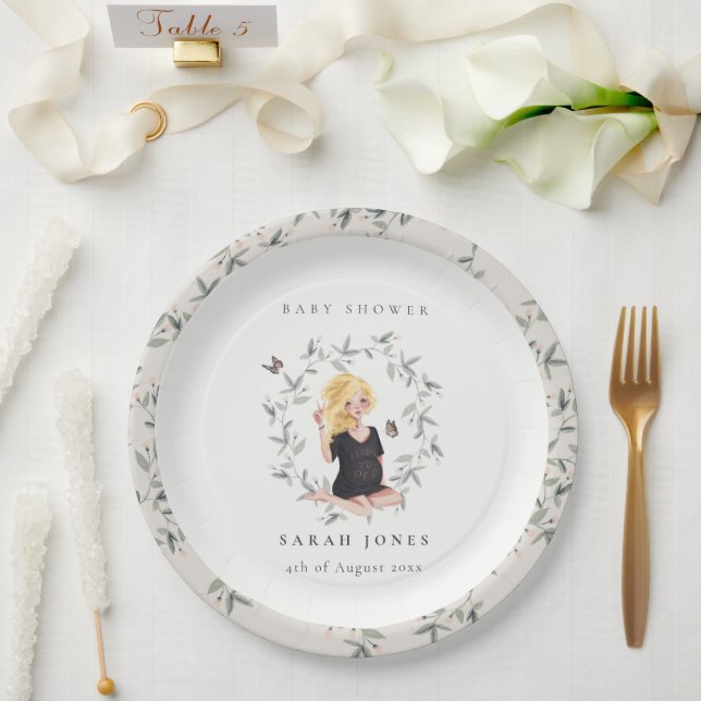Cute Elegant Expectant Women Foliage Baby Shower Paper Plate (Wedding)