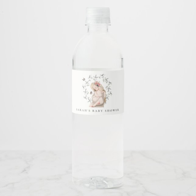 Cute Elegant Expectant Women Foliage Baby Shower Water Bottle Label (Front)