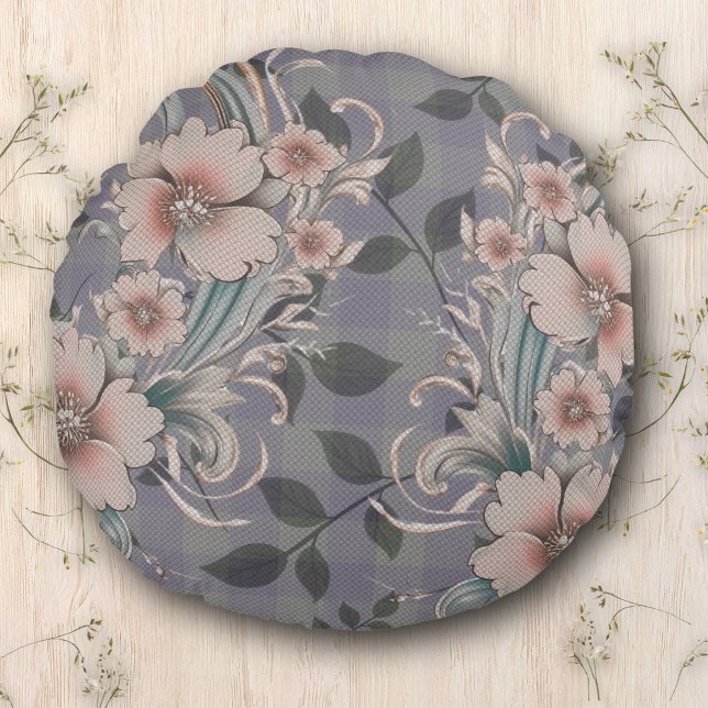 Cute Elegant Floral Gingham Pattern  Round Cushion (Creator Uploaded)