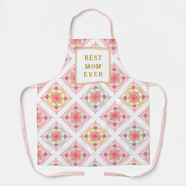 Cute Elegant Floral in Diamond Tiles Pattern Apron (Front)