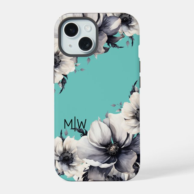 Cute Elegant Floral Monogram Initial iPhone 15 Case (Back)