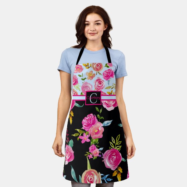 Cute Elegant Floral Personalized Monogram Apron (Worn)