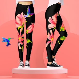 Cute Elegant Girly Black Pink Floral Hummingbird  Leggings