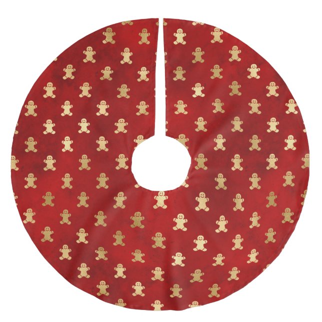 Cute elegant gold red gingerbread man pattern brushed polyester tree skirt (Front)