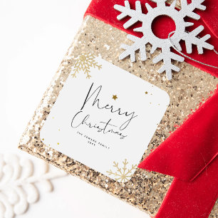 Cute Elegant Gold Snowflake Merry Christmas Square Sticker