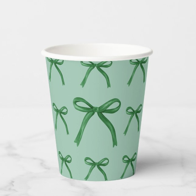 Cute elegant green bow pattern paper cups (Front)