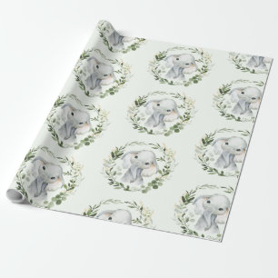 Cute & Elegant Greenery Gold Leaves Baby Elephant Wrapping Paper
