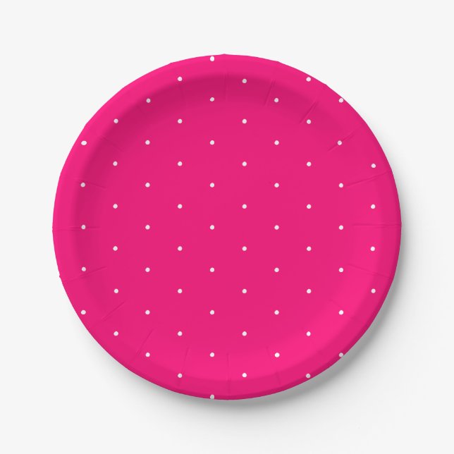 Cute elegant hot pink white tiny polka dots paper plate (Front)