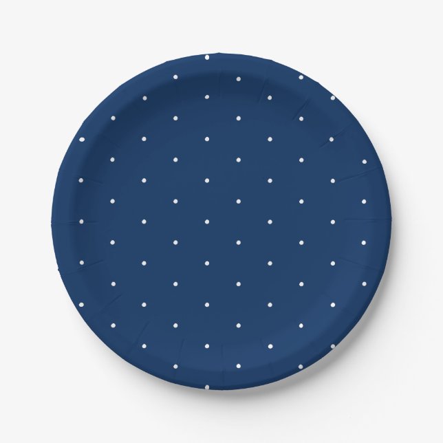 Cute elegant navy blue white tiny polka dots paper plate (Front)