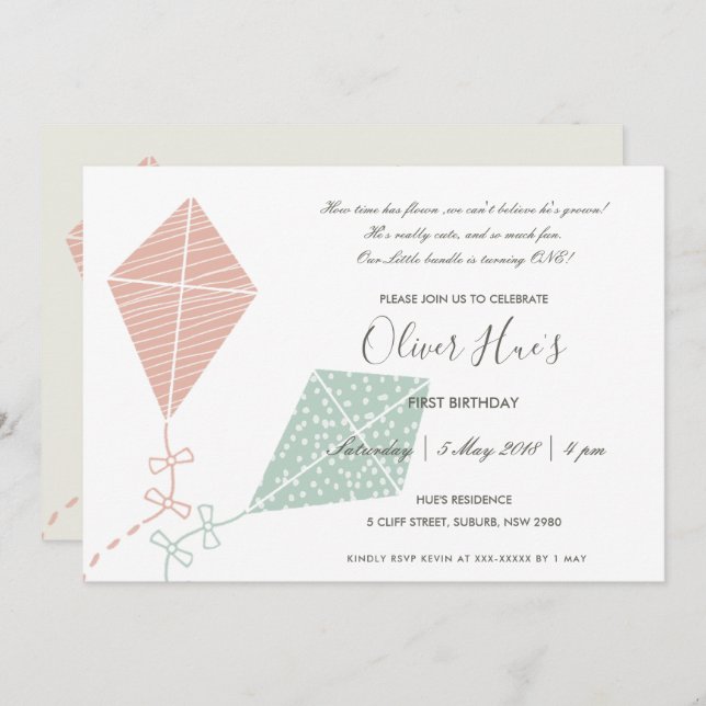CUTE ELEGANT PINK BLUE KITE KIDS TODDLER BIRTHDAY INVITATION (Front/Back)