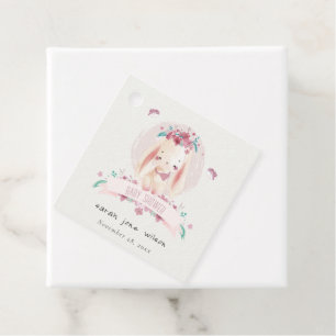 Cute Elegant Pink Floral Bunny & Birds Baby Shower Favour Tags