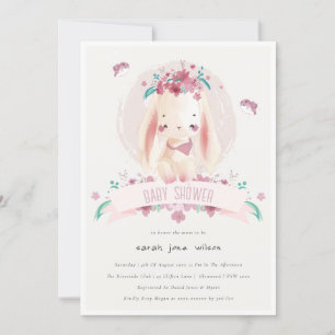 Cute Elegant Pink Floral Bunny & Birds Baby Shower Invitation