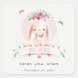 Cute Elegant Pink Floral Bunny & Birds Baby Shower Square Sticker