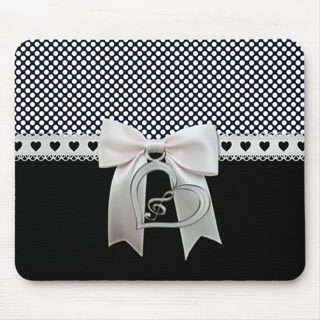 Cute elegant polka dots white ribbon and bow heart mouse pad (Front)
