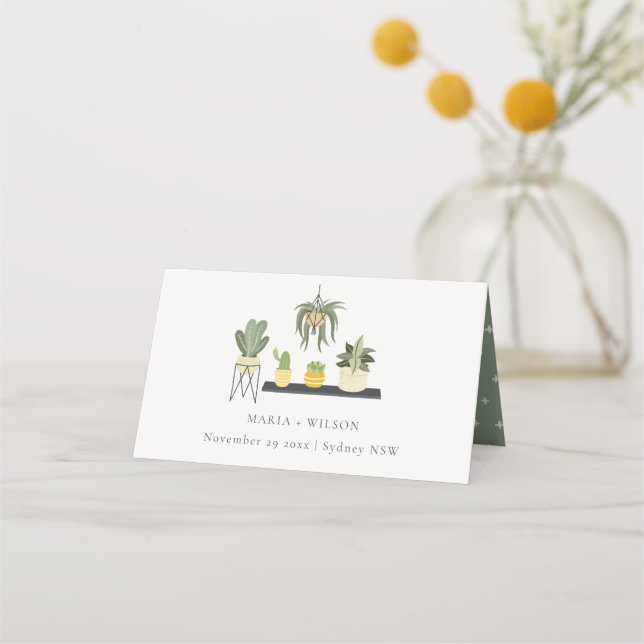 Cute Elegant Potted Leafy Succulent Plants Wedding Place Card (Front)