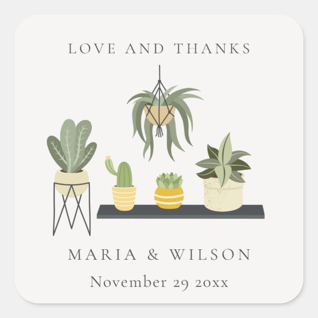 Cute Elegant Potted Leafy Succulent Plants Wedding Square Sticker (Front)