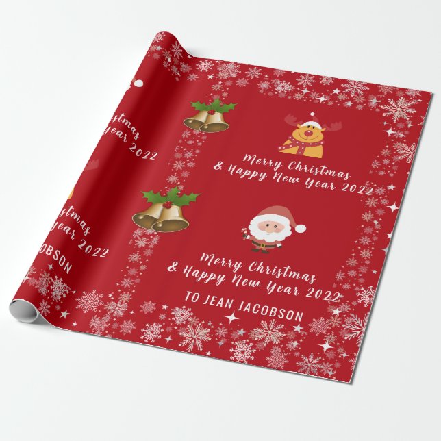 Cute Elegant Santa Claus Rudolph Personalised Name Wrapping Paper (Unrolled)