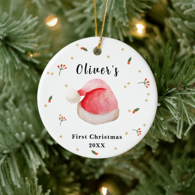 Cute Elegant Santa Hat Baby's Frist Christmas  Ceramic Ornament (Tree)