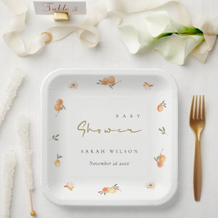 Cute Elegant Soft Orange Floral Boho Baby Shower Paper Plate