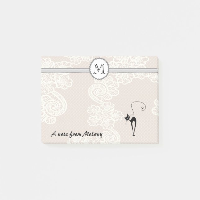 Cute elegant stylish lace black cat monogram post-it notes (Front)