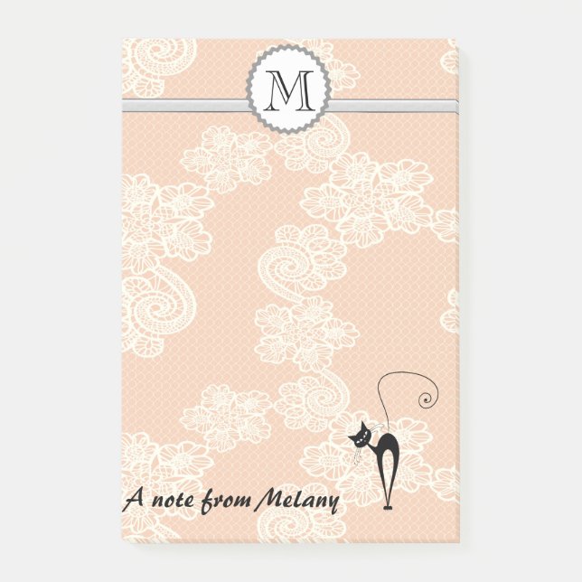 Cute elegant stylish lace black cat monogram post-it notes (Front)