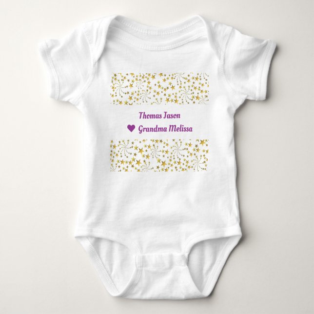 Cute Elegant Trendy Gold Stars Name Love Grandma Baby Bodysuit (Front)