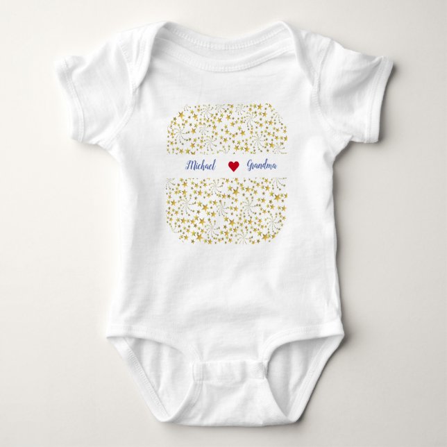 Cute Elegant Trendy Gold Stars Name Loves Grandma Baby Bodysuit (Front)