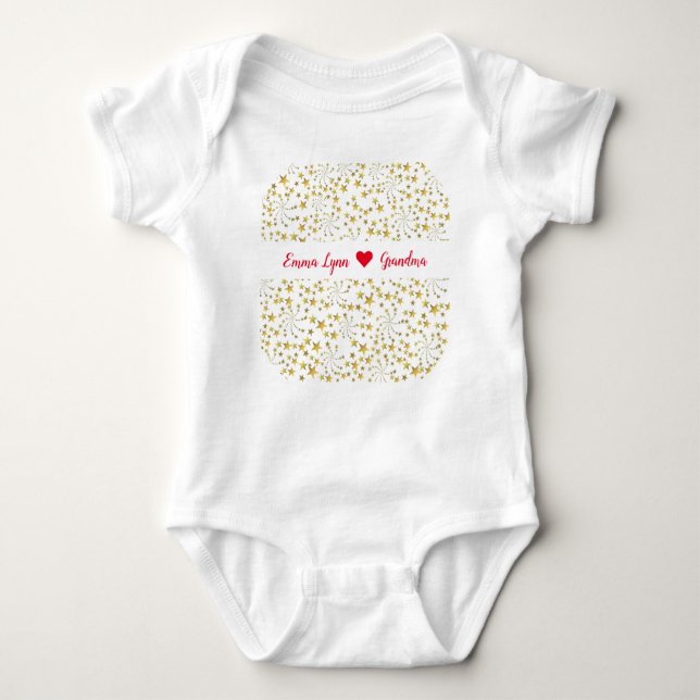 Cute Elegant Trendy Gold Stars Name Loves Grandma Baby Bodysuit (Front)