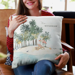 Cute Elegant Tropical Beach Coastal Shore Monogram Cushion