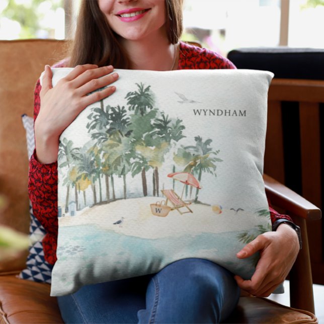 Cute Elegant Tropical Beach Coastal Shore Monogram Cushion (Creator Uploaded)