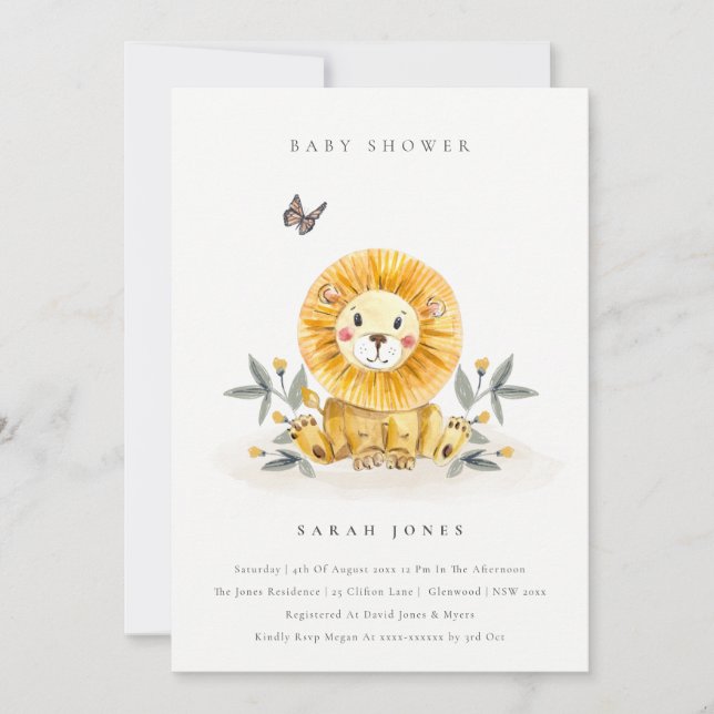 Cute Elegant Woodland Lion Foliage Baby Shower Invitation (Front)