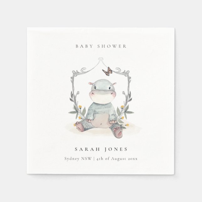 Cute Elegant Yellow Baby Hippo Foliage Baby Shower Napkin (Front)