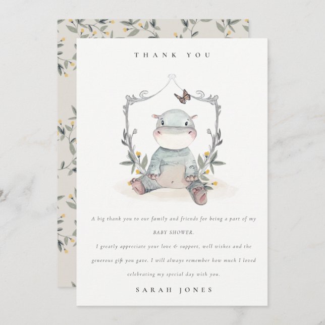 Cute Elegant Yellow Baby Hippo Foliage Baby Shower Thank You Card (Front/Back)