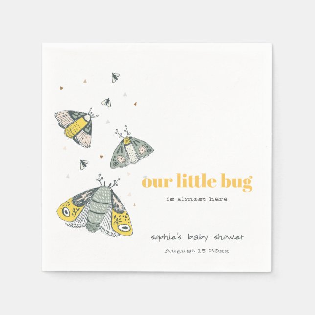 Cute Elegant Yellow Grey Little Bug Baby Shower Napkin (Front)