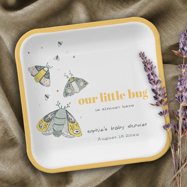 Cute Elegant Yellow Grey Little Bug Baby Shower Paper Plate (Creator Uploaded)