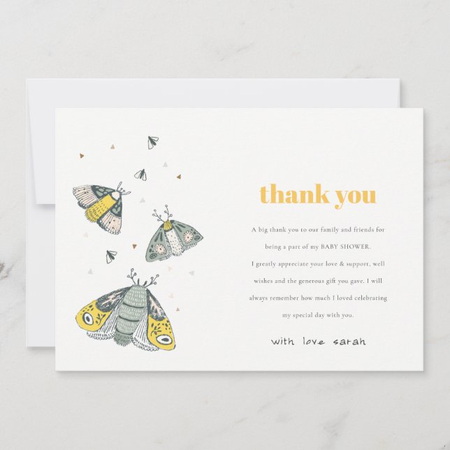 Cute Elegant Yellow Grey Little Bug Baby Shower Thank You Card (Front)