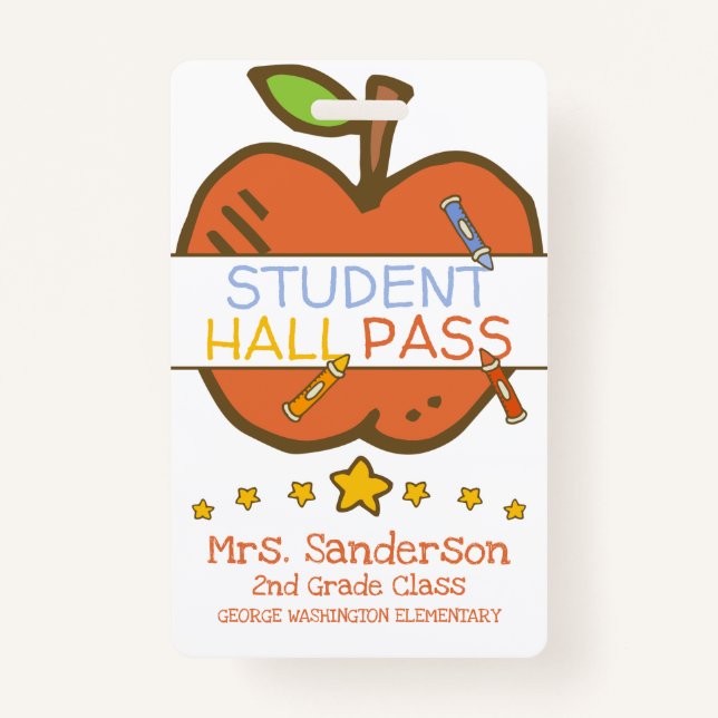 Cute Elementary Student Hall Pass w Crayons Apple ID Badge (Front)