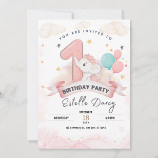 Cute elephant 1st birthday party invitation
