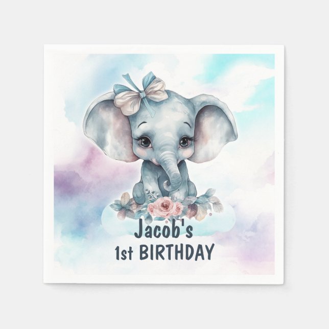 Cute Elephant 1st Birthday Party Napkin (Front)