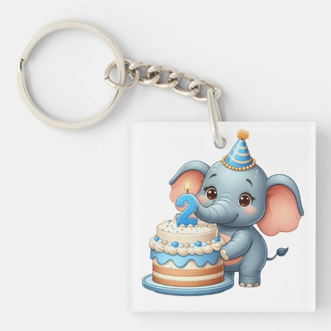 Cute Elephant 2nd Birthday Key Ring (Front)