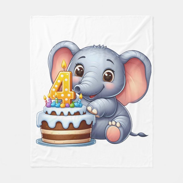 Cute Elephant 4th Birthday Fleece Blanket (Front)