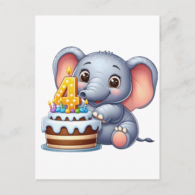 Cute Elephant 4th Birthday Invitation Postcard (Front)