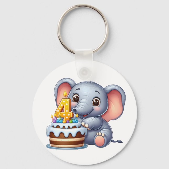 Cute Elephant 4th Birthday Key Ring (Front)