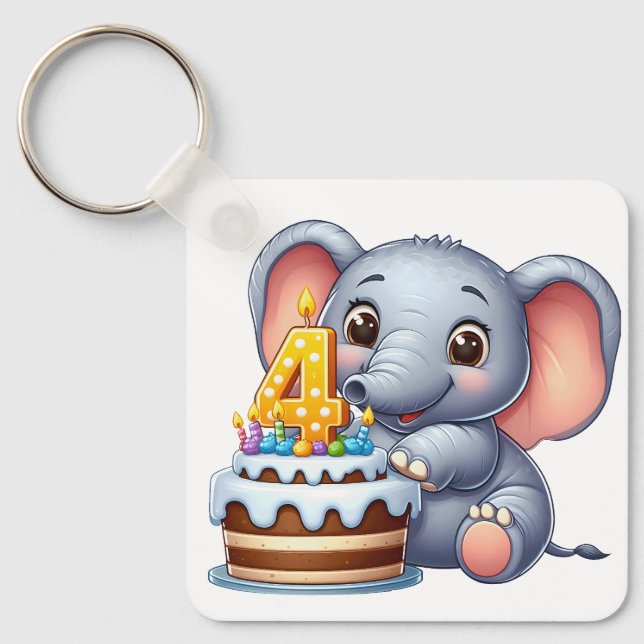 Cute Elephant 4th Birthday Key Ring (Front)