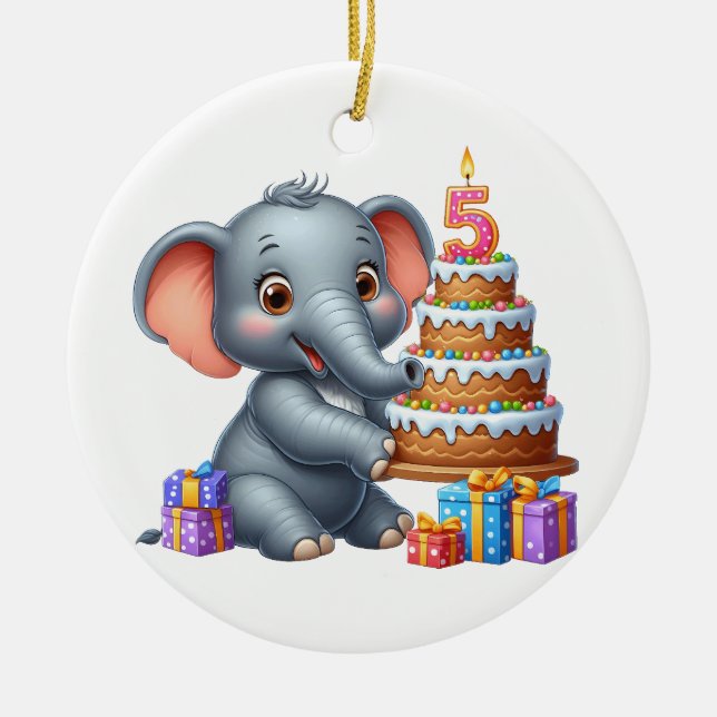Cute Elephant 5th Birthday Ceramic Ornament (Front)