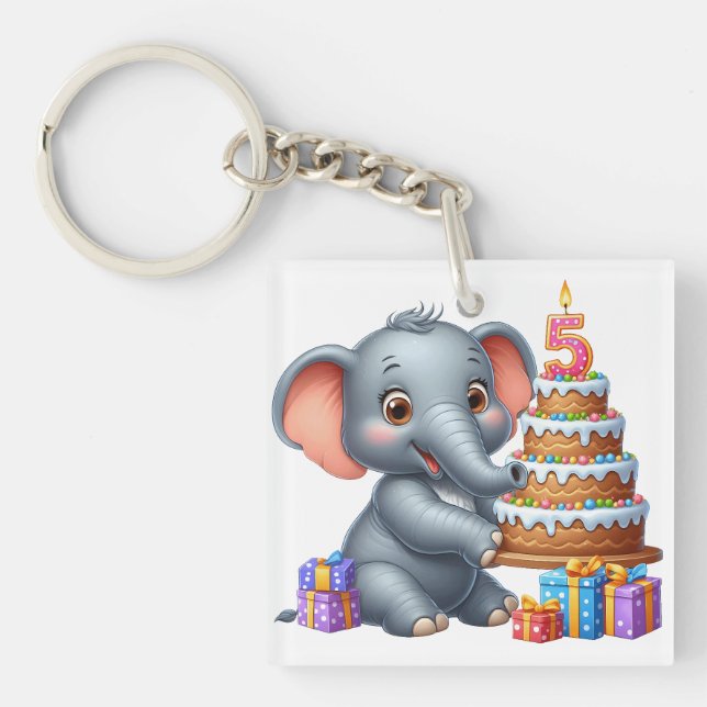 Cute Elephant 5th Birthday Key Ring (Front)