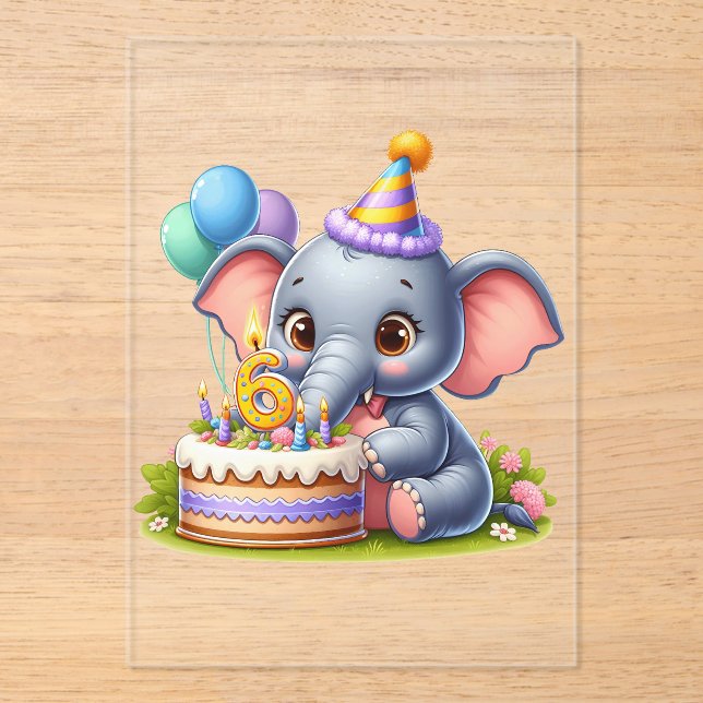 Cute Elephant 6th Birthday Acrylic Invitations (Front)