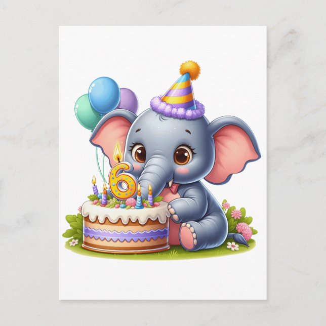 Cute Elephant 6th Birthday Invitation Postcard (Front)