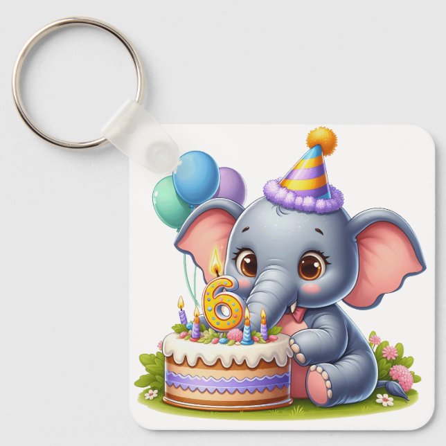 Cute Elephant 6th Birthday Key Ring (Front)